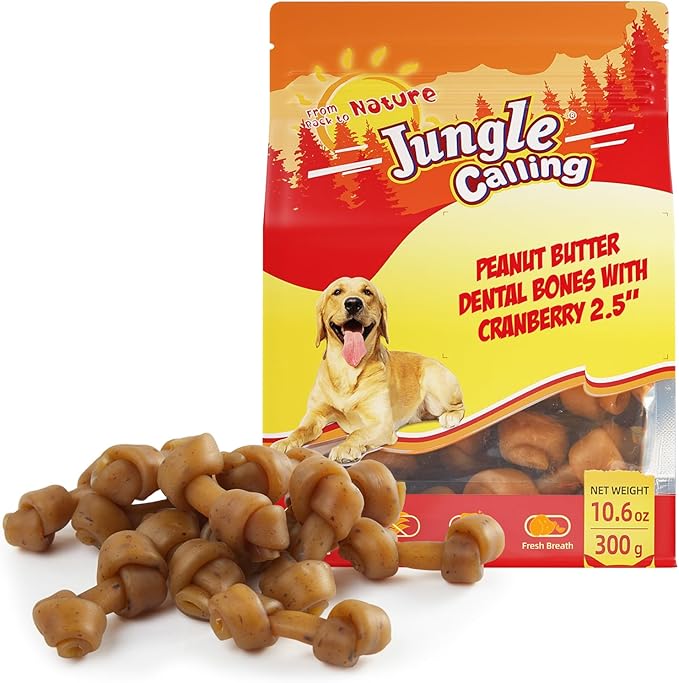 Jungle Calling Peanut Butter Dog Treats, Dental Puppy Chews, Rawhide-Free Bones for Small Dogs, 2.5''