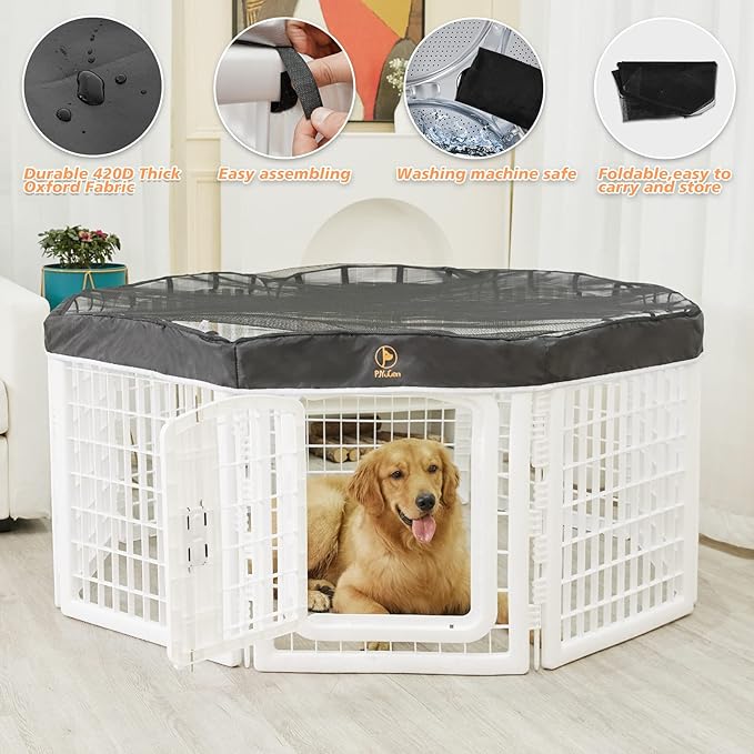 PJYuCien Dog Playpen Mesh Top Cover, Fits 24 Inch 8 Panels Regular Octagon Plastic Exercise Pet Pen, Adhesive Tape Connections, Black (Note: Cover Only, Fence Not Included)