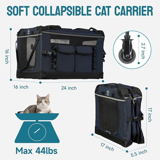 24-inch Foldable Cat Carrier with Removable Wheels – Large Pet Travel Carrier for Cats & Small Dogs, Breathable & Sturdy for Car Rides (Holds up to 44lbs)