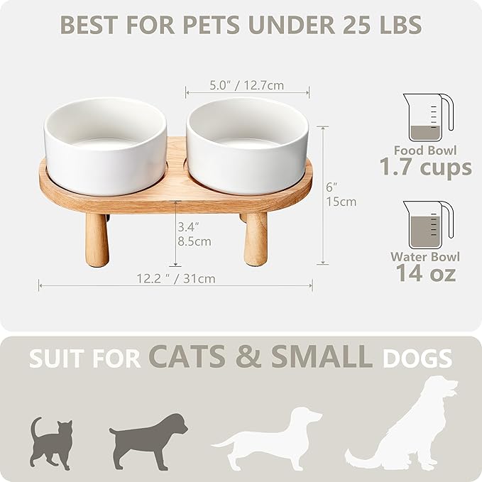 Ceramic Elevated Dog Bowls, Pet Food and Water Bowl Set for Small Dogs and Cats, 1.7 Cups Elevated Cat Bowls with Wood Stand, 14OZ, White