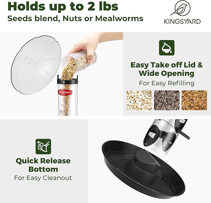 Kingsyard Metal Bird Feeders for Outdoors Hanging, Wild Bird Feeder for Finch Cardinal, Large Tray and Rainproof Dome, 2 lbs Seeds Capacity (Black)