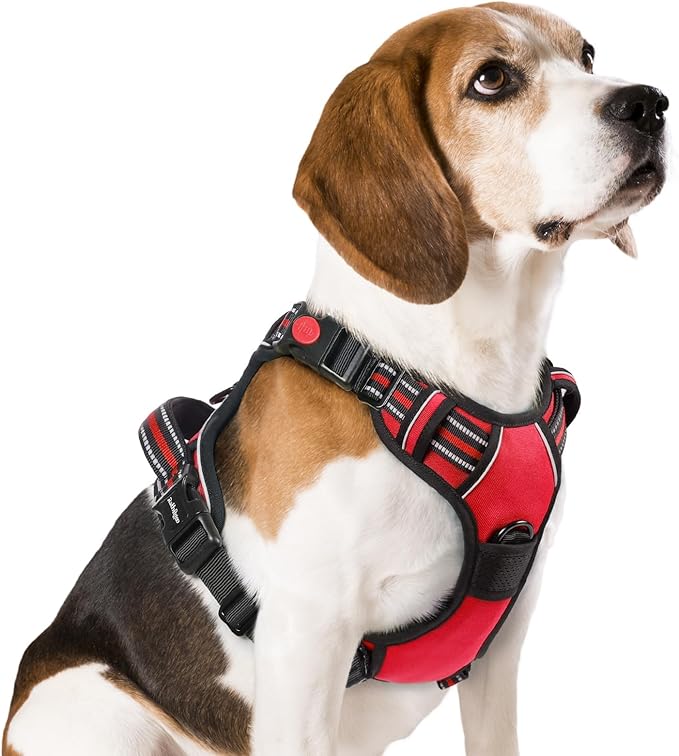 rabbitgoo Dog Harness Medium Sized, No Pull Pet Harness with 3 Buckles, Adjustable Soft Padded Vest with Control Handle, Walking Reflective Pet Vest for Medium Dogs, Red, M