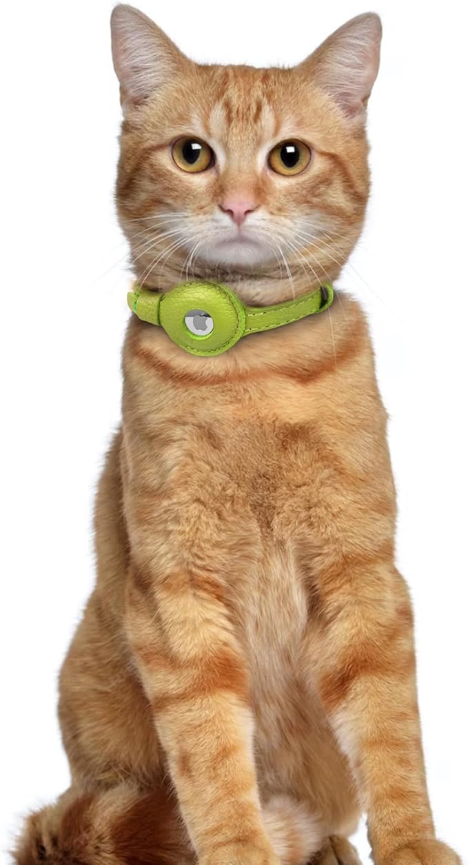 OOPSDOGGY Leather AirTag Cat Collar with Bell - Non Breakaway Kitten Collar with Apple Air Tag Holder - Lightweight GPS Pet Collars for Girl Boy Cats, Small Dogs, Puppies (Lime Green)