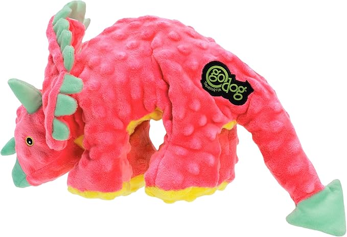 goDog Dinos Frills Squeaky Plush Dog Toy, Chew Guard Technology - Pink, Large