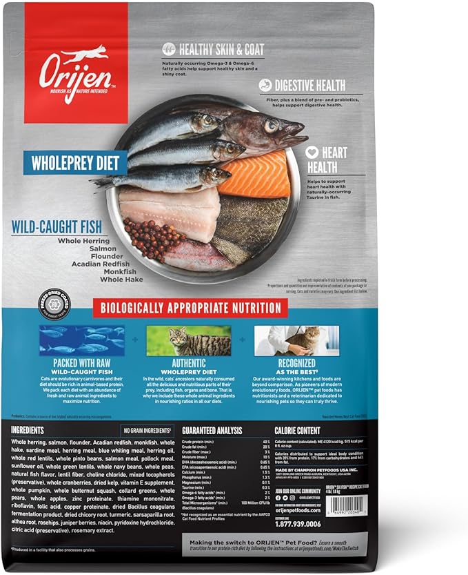 ORIJEN Grain Free High Protein Premium Dry Cat Food Six Fish Recipe 4lb Bag