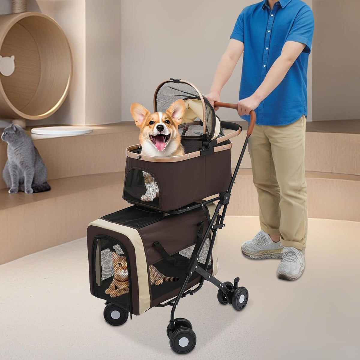 Foldable Pet Stroller for Small & Medium Dogs, Double Dog & Cat Stroller with 3-in-1 Travel System, Detachable Pet Carrier with Wheels for Cats and Dogs up to 77 lbs, Coffee Color