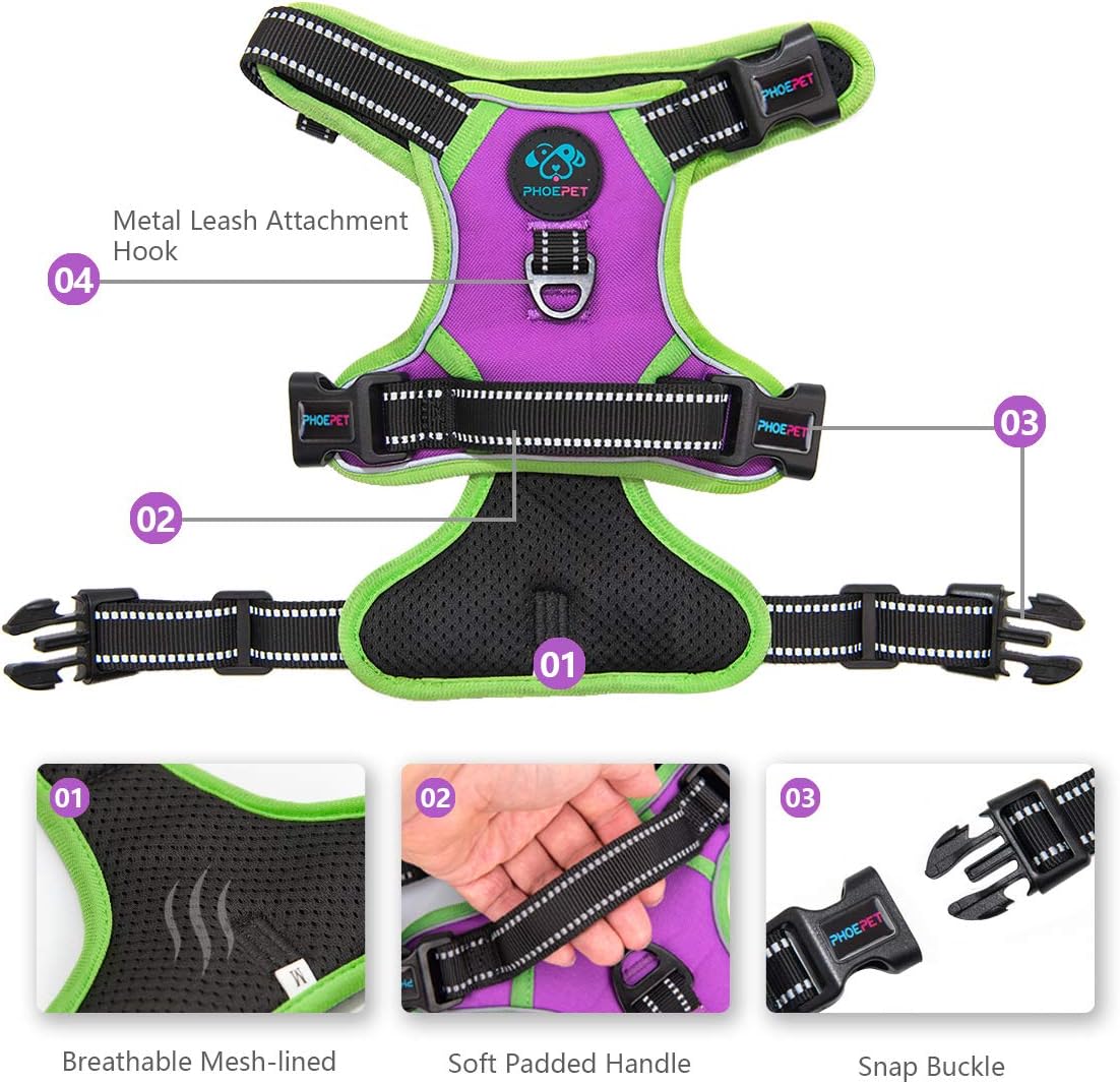 PHOEPET 2019 Upgraded No Pull Dog Harness, Reflective Adjustable Vest, with a Training Handle + 2 Metal Leash Hooks+ 3 Snap Buckles +4 Slide Buckles(L, Purple)