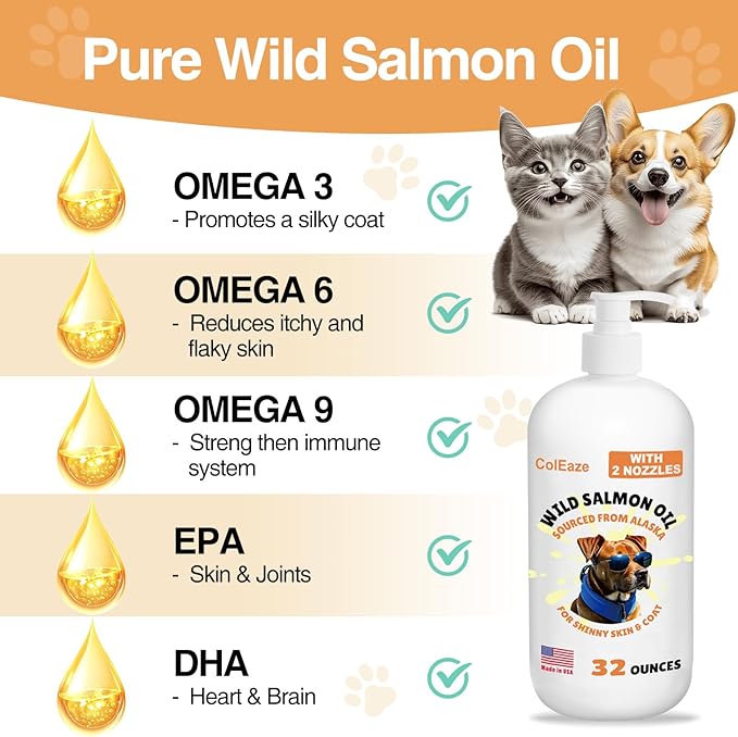 Salmon Oil for Dogs, Fish Oil for Cats, 32oz Salmon Oil for Dogs Skin and Coat Fish Oil Supplements with Vitamin D, EPA + DHA for Itchy Relief, Immune Support for Joints & Heart, Dry Skin & Allergies