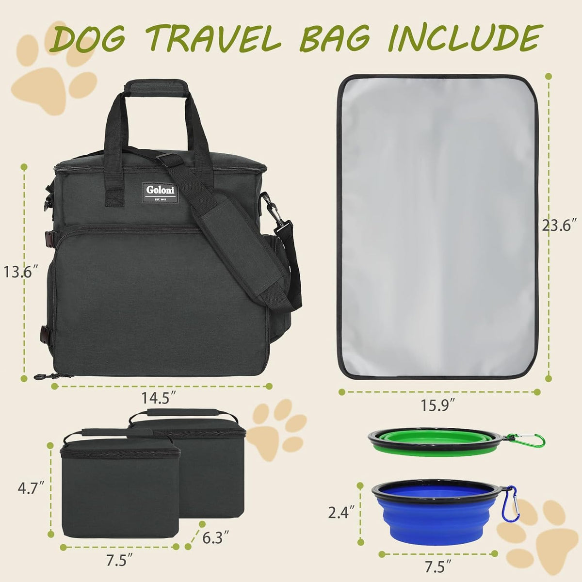 Dog Travel Bag Airline Approved–Pet Travel Tote with Collapsible Bowls,Food Containers & Feeding Mat–Multi-Pocket Organizer for Dogs & Cats, Durable & Water-Resistant for Hiking,Trips,Outdoors