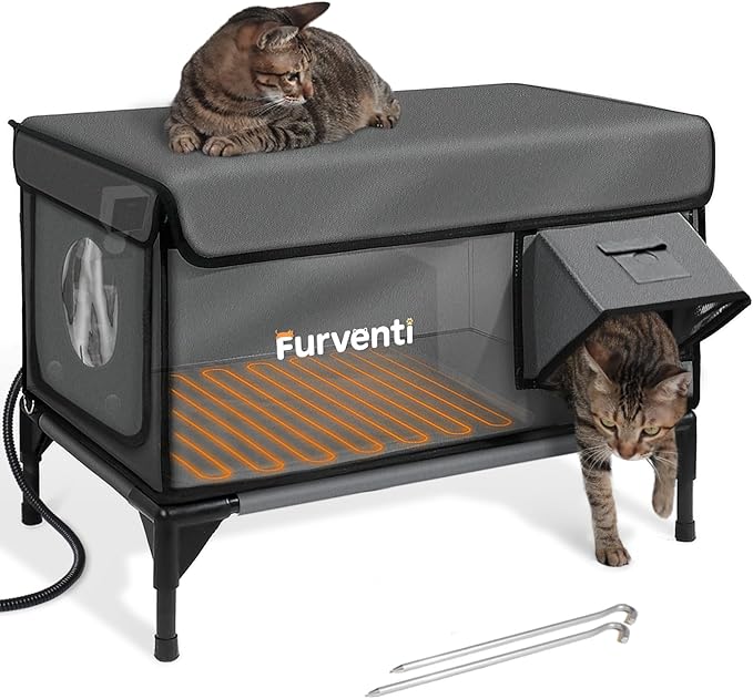 Outdoor Heated Cat House in Winter,Extremely Insulated & Weatherproof,Elevated Feral Cat Shelter with Waterproof Eaves & Escape Door for Outside Stray Barn Cat (Dark Grey, L with Cam)
