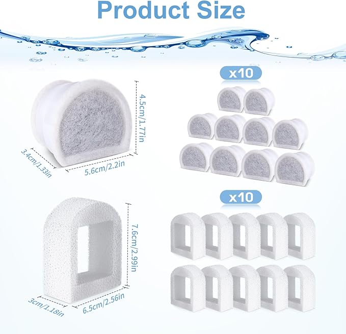 20 Pcs Cat Water Fountain Filters Replacment Compatible with PetSafe Drinkwell Fountains, 10 Replacement Carbon Filters & 10 Replacement Sponges Foam Filter Compatible with PetSafe Water Fountain
