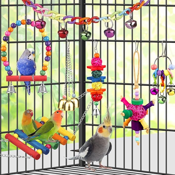 Bird Toys for Conures with Colorful Ladder Hammock Bird Cage Accerious Bird Perch Stand Chewing Toys Hanging Bell for Parrot Parakeet Cockatiel Lovebirds