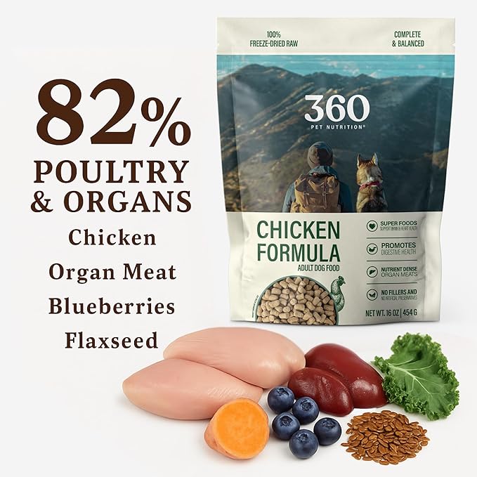 360 Pet Nutrition Freeze-Dried Raw Dog Food – Chicken Recipe with Liver & Organs, High Protein, Omega-3s, Fruits, Veggies & Superfoods, Grain-Free, No Fillers, 1 lb – Made in USA