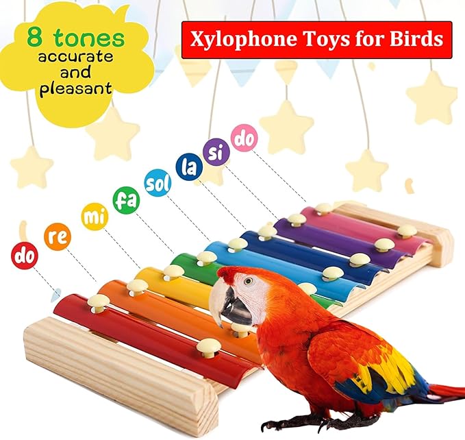Large Parrot Suspensible Xylophone Toy, Multicolored Natural Wooden Bird Chewing Toys with Grinding Stone for Large, Medium Birds, Macaws, African Grey, Cockatoos, Amazon