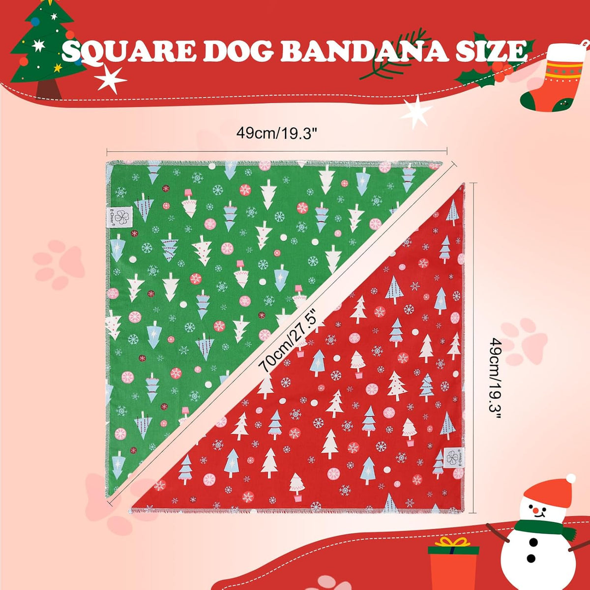 E-Clover Christmas Dog Bandanas Winter Scarf for Dog Boy Girl Christmas Tree Costumes Accessories for Medium Large Dogs Green Red