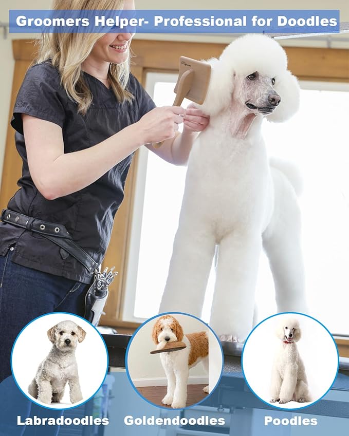 Dog Slicker Brush for Large Dogs, Professional Doodles Brush for Poodles, Goldendoodles and Labradoodles - Easy to Remove Tangles, Mats and Fluff - 3.8"x3.2" Head, 8" Wood Body