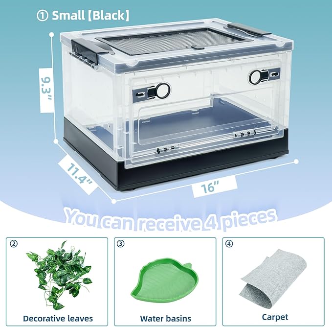 Foldable 16" Reptile Terrariums, Snake Tanks, and Enclosures for Bearded Dragons, Iguanas, Lizards, Crested Geckos -Clear Views, Portability, High-Temperature Resistant Iron Mesh Ventilation