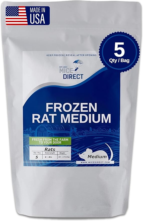 MiceDirect EST. 2003 5 Frozen Rat Medium Feeders Snake Food for Adult Ball Pythons Monitors Lizards (6-8 in)(No Flavors)