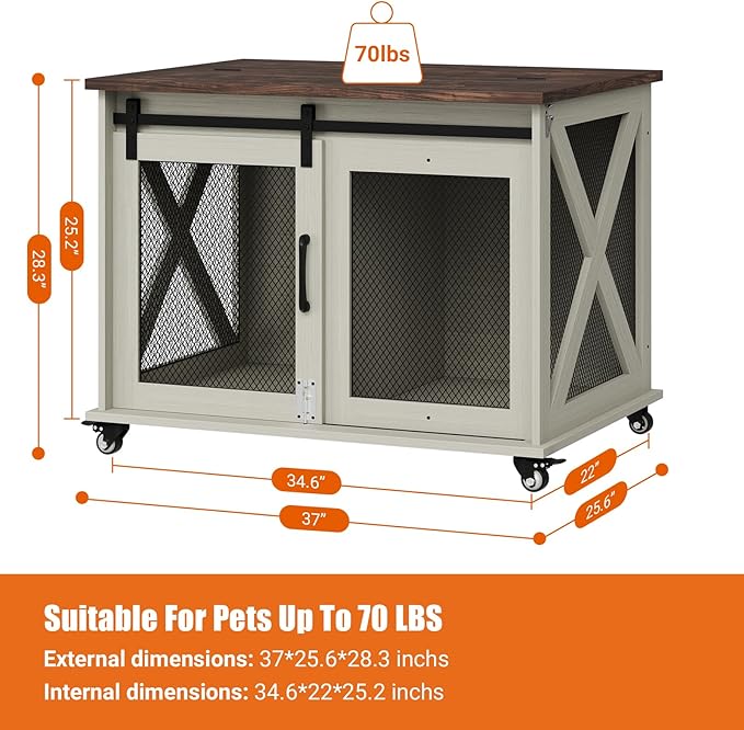 Dog Crate Furniture,37 Inch Indoor Dog Cage with Sliding Barn Door, Flip Top Dog Kennel End Table with Removable Divider, Farmhouse Wooden Pet House for Small to Middle Size Dogs