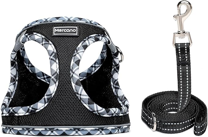 Mercano Soft Mesh Dog Harness and Leash Set, No-Chock Step-in Reflective Breathable Lightweight Easy Walk Vest Harnesses with Safety Buckle for Small Dogs, Cats (Black White, XS)