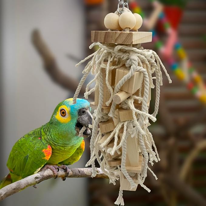 Bird Block Knots Tearing Toy- 17 inch Dye-Free Natural Wooden Parrot Chewing Toy for Medium and Large Parrots, Conures, Cockatiels, African Greys, Cockatoos, Quakers and AmazonParrots