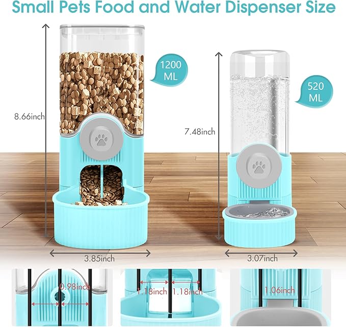 Yummy Sam Hanging Cage Automatic Small Pet Food Bowl Water Bottle Dispenser, Detachable Auto Gravity 1.2L Self-Feeding Feeder and 0.52L Waterer Set Kennel Feeding Station for Puppy Cats(Sky Blue)
