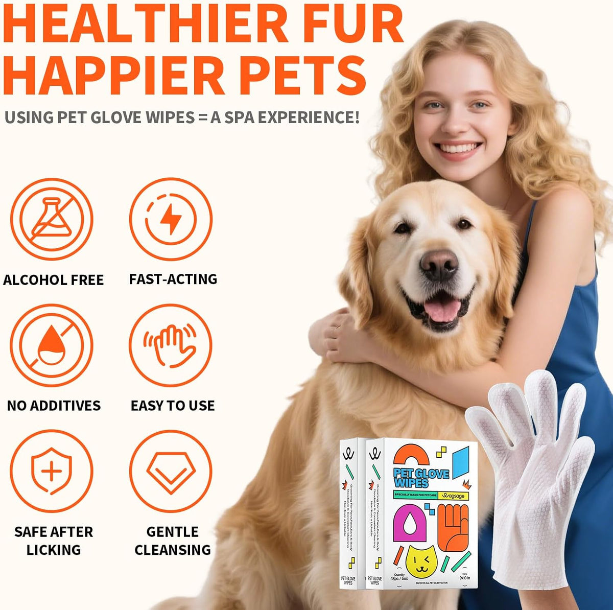 Pet Glove Wipes for Dogs and Cats, Cleaning & Deodorizing Grooming Gloves for Daily Care and Traveling, Dog Wipes Washing Gloves Rinse Free, 18 PCS