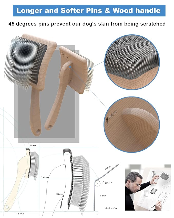 Dog Slicker Brush for Large Dogs, Professional Doodles Brush for Poodles, Goldendoodles and Labradoodles - Easy to Remove Tangles, Mats and Fluff - 3.8"x3.2" Head, 8" Wood Body