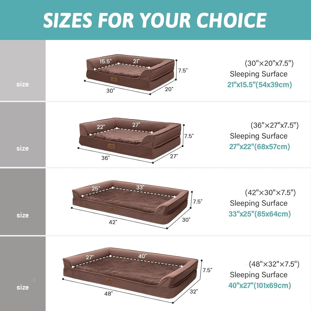 Orthopedic Dog Bed for Extra Large Dog, XL Pet Couch for XLarge Dog, Supportive Foam Bolster Sofa with Waterproof Lining Cover, Anti-Slip, Comfort, Washable, 42x30x7.5 in, U Shape, Brown