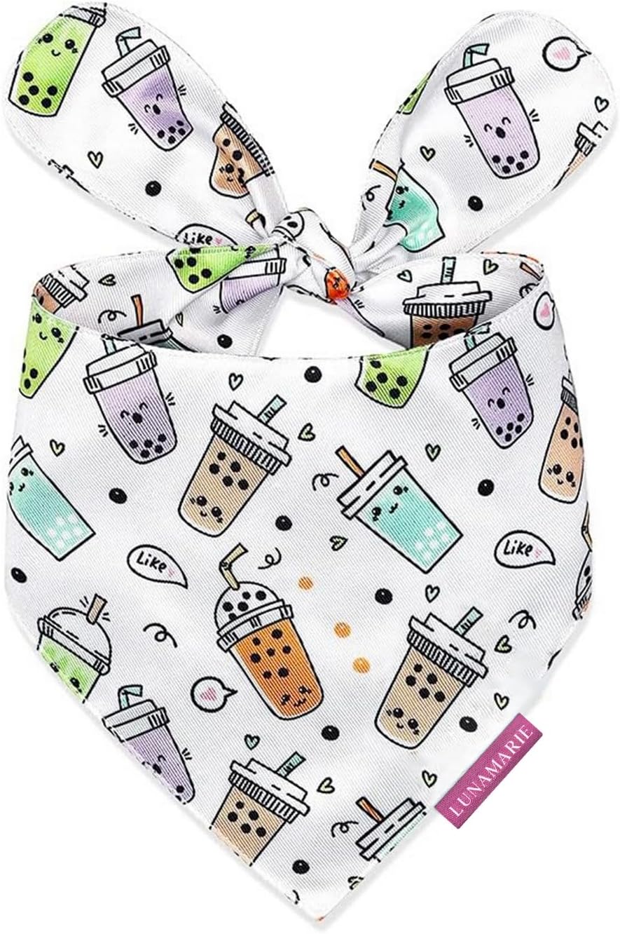 LunaMarie - Luxury Pet Birthday Bandanas -Premium & Silky Poly Fabric | 100% Handmade | Custom Shape Dual Layered (Boba, Large)