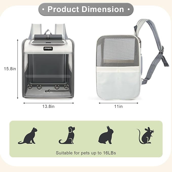 Cat Carrier Backpack, Large Pet Carrier Backpack, Cat Travel Backpack with Breathable Mesh, Cats Backpack Carrier for Small Dog Kitten Cats Carrying Bag, Pet Backpack for Hiking, Light Gray