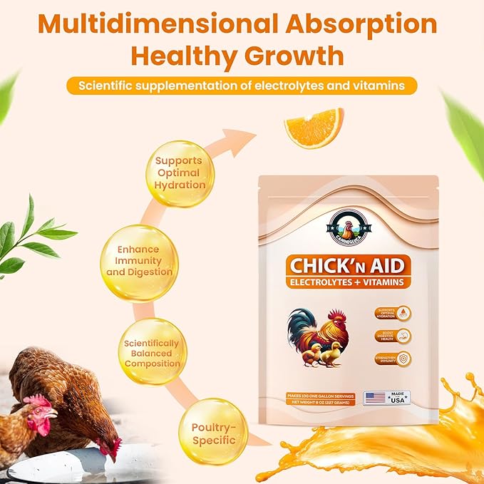 Chick’n Aid, 8 oz Essential Chicken Supplement, Ideal for Hydration, Immunity, Digestive Health. Enhanced with Poultry Vitamins, Electrolytes, and Probiotics, for Chickens, Ducks, Turkeys