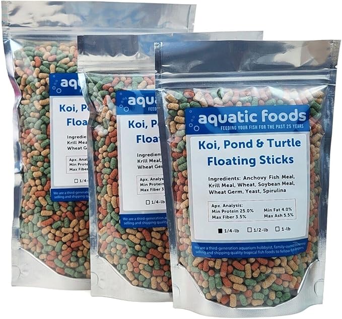 Aquatic Foods Inc. Koi, Pond & Turtle 7/16" x 5/32" 25% Protein Floating Sticks. Spirulina, Color Enhancing & Wheat Germ Sticks for Koi, All Pond Fish, Aquatic Turtles...WL…2-lbs Poly Bag
