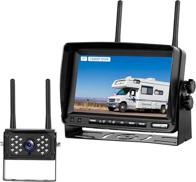 7 Inch Wireless RV Backup Camera System for Truck/Trailer/Camper/Bus, 1080P Dual/Quad Split Screen with DVR, Clear Night Vision, Support 4 Cameras, IP68 Waterproof Digital Wireless System