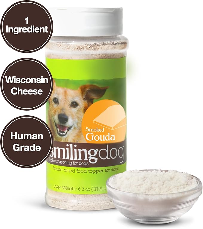 Herbsmith Smiling Dog Kibble Seasoning – Freeze Dried Cheese Food Topper - Smoked Gouda – All Natural, Human-Grade Topper for Dogs - 6 oz