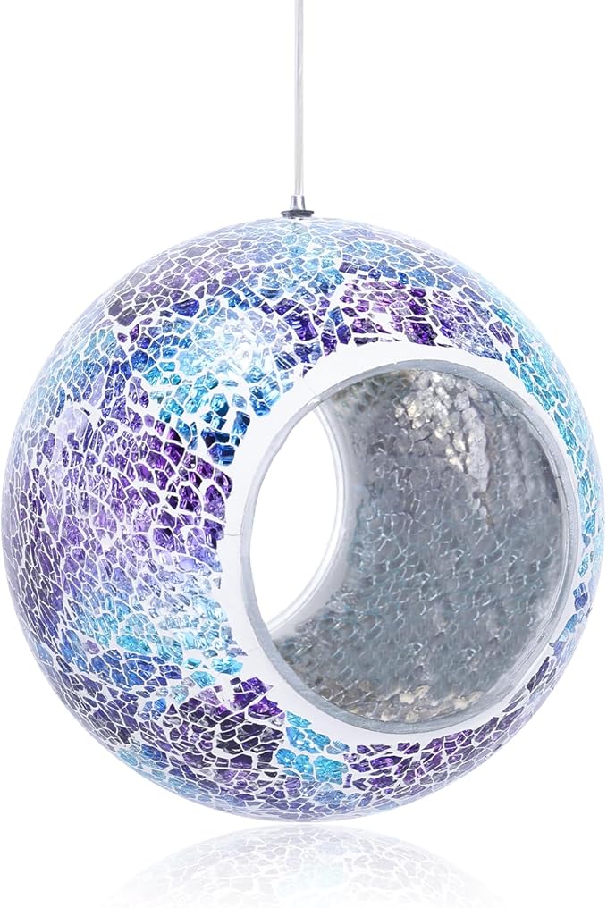 VCUTEKA Mosaic Bird Feeder, Round Glass Container Hanging Bird Feeders for Gardens, Yards, Decks to Attract Wild Birds, 7-Inch Purple Blue