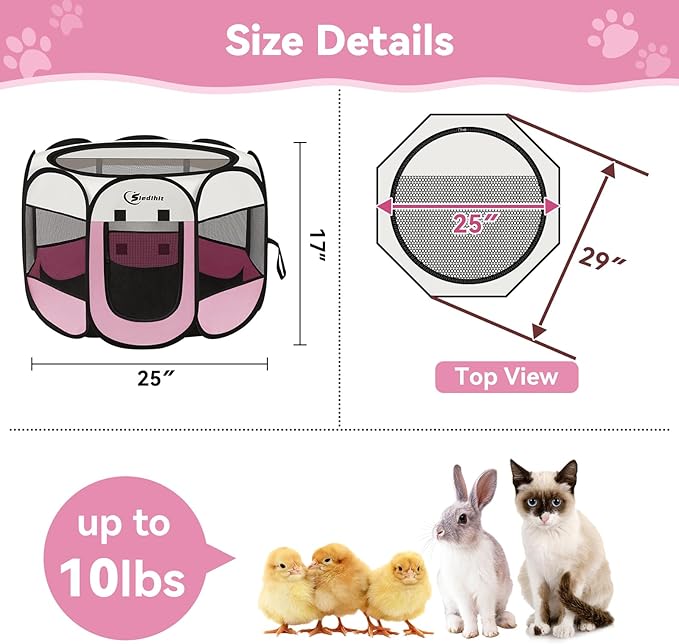 Pink Dog Cat Playpen, Puppy Pet Playpen Indoor for Small Dog Crate Tent Cage Outdoor, Portable Pop Up Dogs Enclosure Kennel with Carrying Case for Dogs/Cats/Rabbits