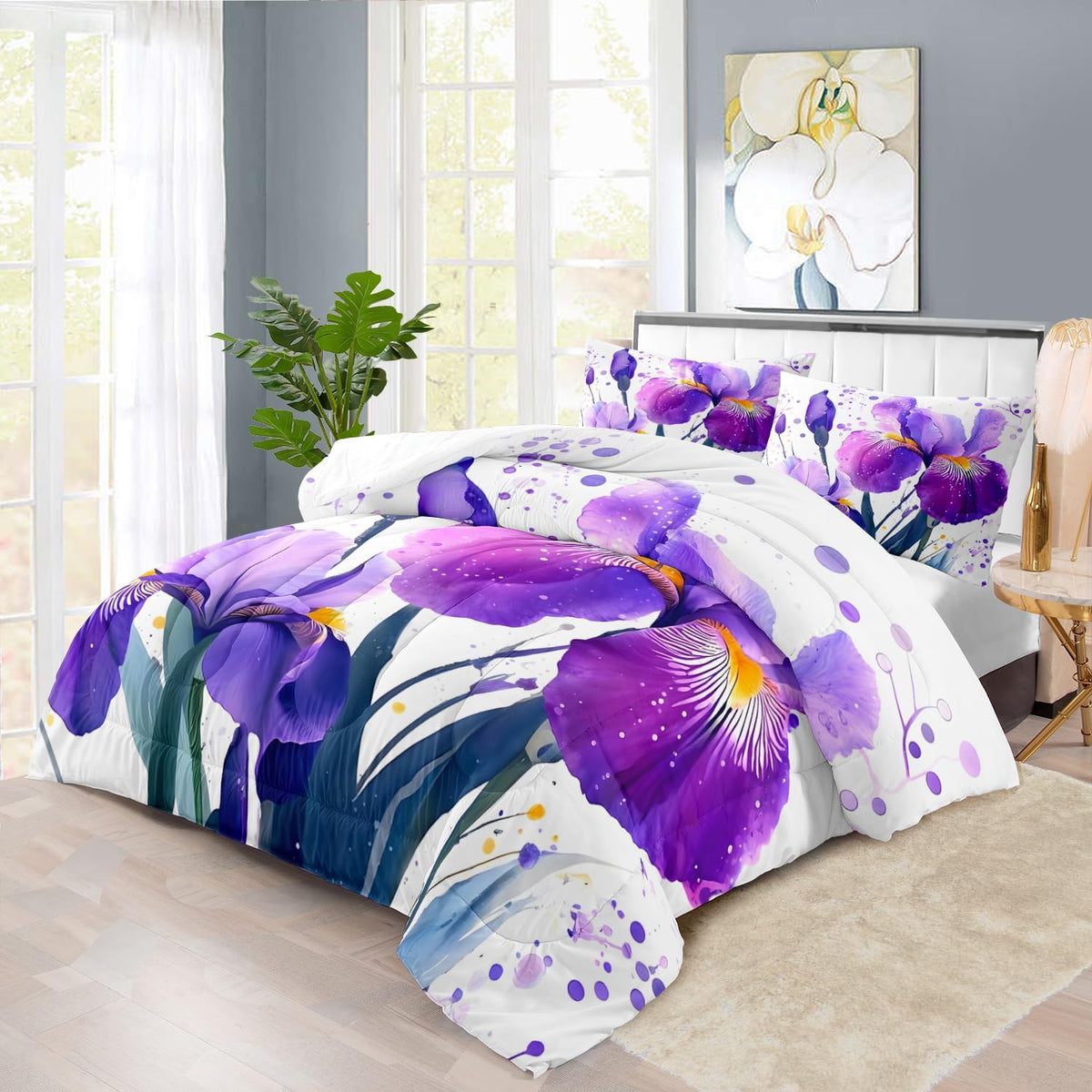 Purple Floral Comforter Set King Size Woman,Purple Iris Comforter for Girls,Pink Flower Bedding Set King Bedroom Decor,Floral Bedding Quilt Bed Decor Pink for Kids and Adults