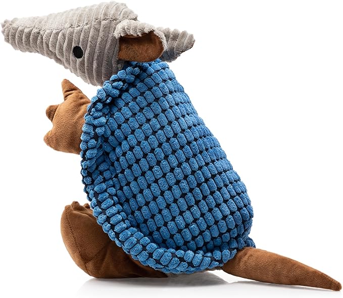 Hollypet Plush Dog Squeaky Toy Stuffed Armadillo Animal Pet Puppy Chew Toys with Clean Teeth for Small Medium Large All Breed Sizes Dogs, Blue, 10 in