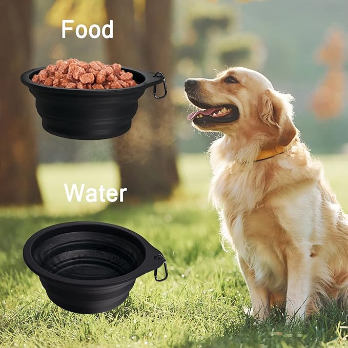 PetBonus 2-Pack Silicone Collapsible Dog Bowls, BPA Free Dishwasher Safe, Portable Foldable Expandable Travel Bowl, Food Water Feeding Cup Dish for Dogs Cats with 2 Carabiners (Black, Black)