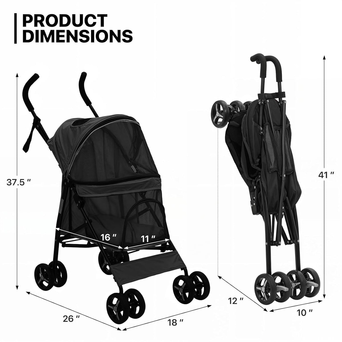 MoNiBloom 4 Wheels Pet Stroller, Easy-Fold Puppy Cage Jogger Stroller with Sun Cover, Pad and Rear Storage Bag, Breathable and Visible Mesh for Small/Medium Pets up to 22 lbs, Black