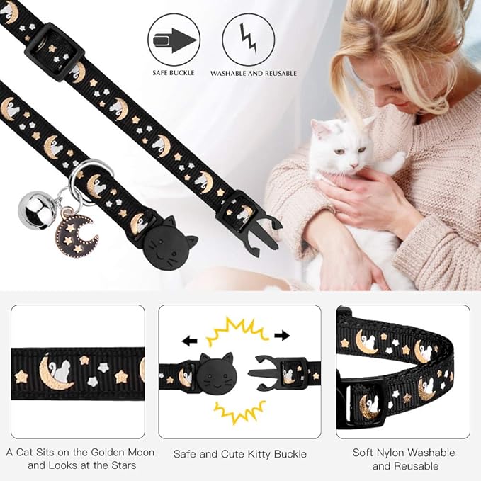 2Pcs Breakaway Cats Collars Cat Collars for Boy Cats Kitten Collars with Bell & Pendant Glow in The Dark,Black+Purple