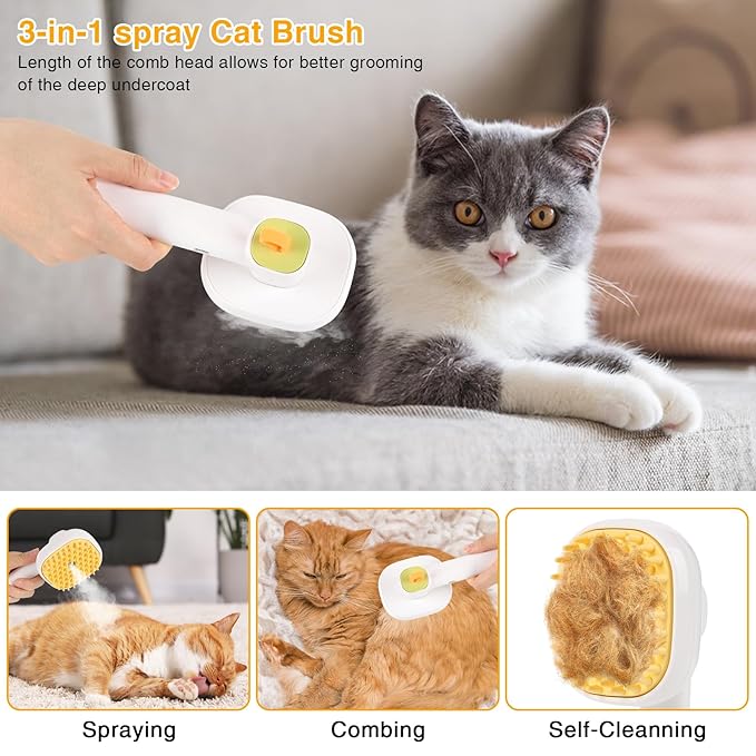 3-in-1 Cat & Dog Steam Brush – USB Rechargeable Spray Grooming Comb with Silicone Teeth – Anti-Static, Shedding Control & Massaging for All Hair Types Long/Short Hair Pets (Green)