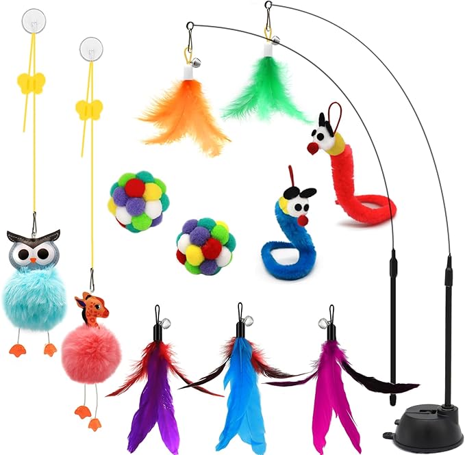 4-in-1 Interactive Cat Toys Set with Suction Cup Wand, Hanging Cat Toys, Fishing Pole Cat Wand & Kitten Balls- Includes Variety Replaceable Worms, Feathers for Indoor Bored Cats for Exercise