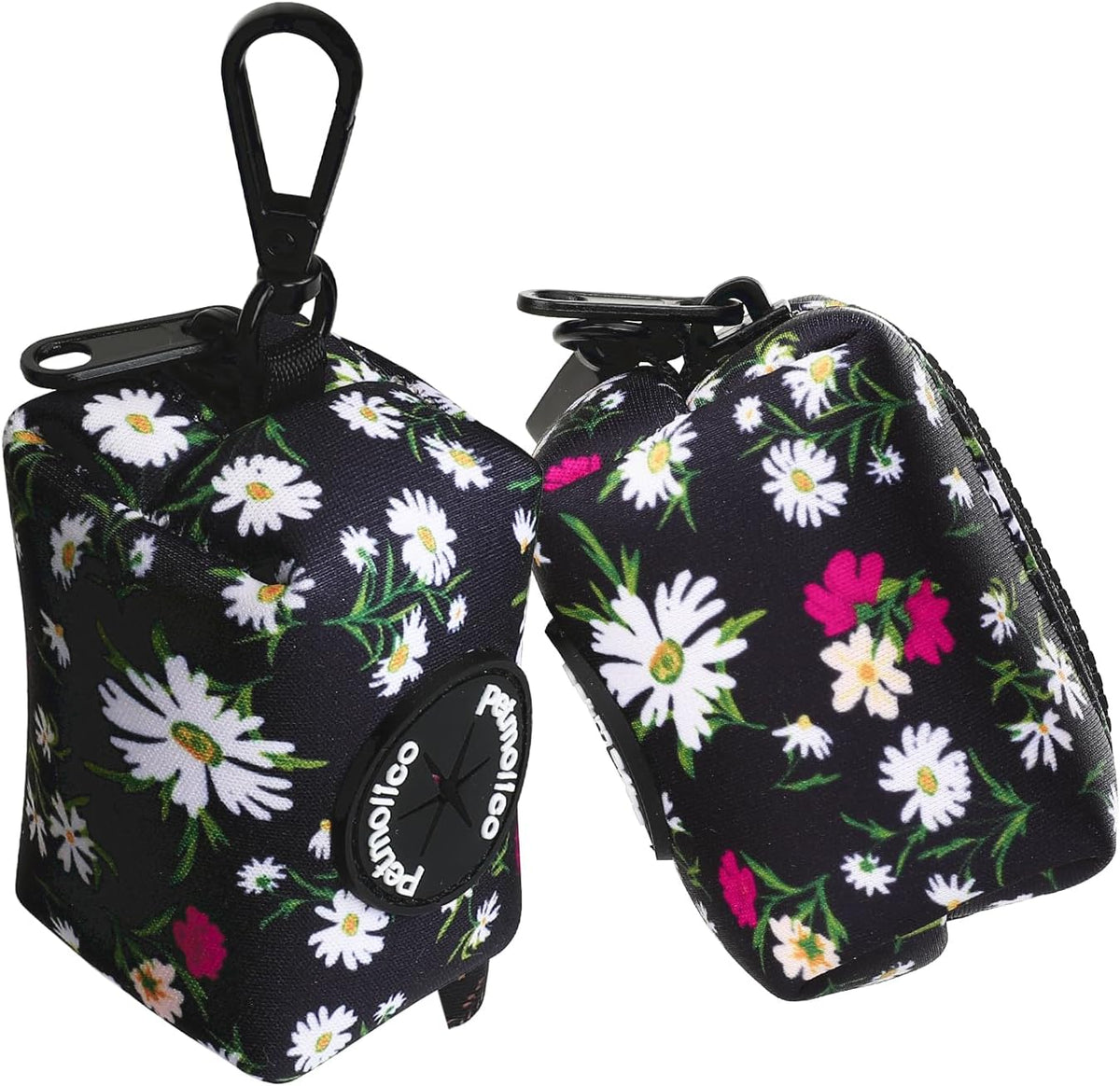 Petmolico Dog Poop Bag Holder Leash Attachment, Dog Waste Bag Dispenser Zippered Pouch, Fits Any Dog Leash, Includes Free Roll of Dog Bags, Poop Bag Dispenser - 2 Packs (White Daisy)