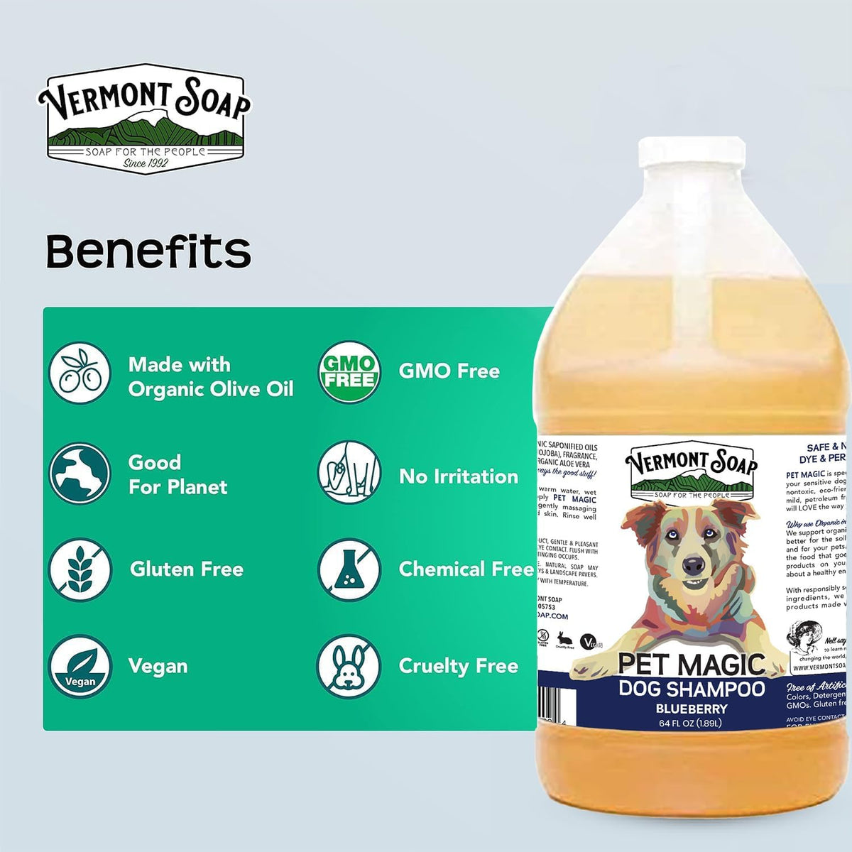 VERMONT SOAP Organics Pet Shampoo - Infused with Organic & Natural Olive Oil, Coconut & Aloe Vera Dog Shampoo for Sensitive Skin - USDA Certified Grooming, Blueberry (64oz)
