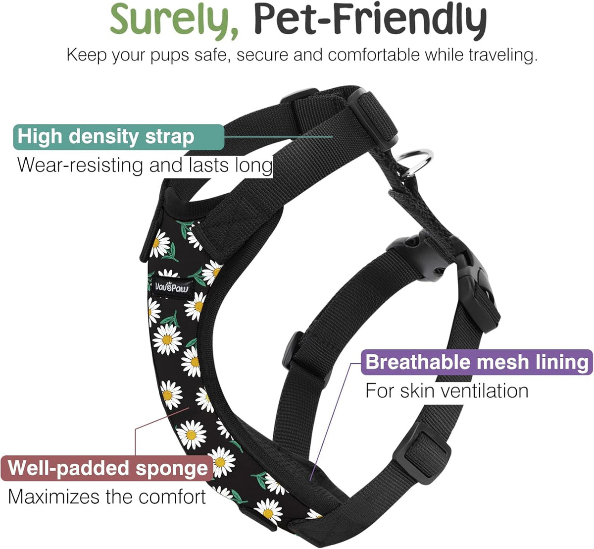 Dog Seat Belt, Safety Vest Dog Car Harness with Adjustable Buckle Dog Seat Belt for Vehicle Nylon Pet Safety Seat Belts Heavy Duty(S, Black Daisy)