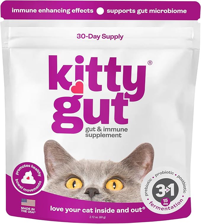 KittyGut 3-in-1 Organic Cat Probiotics & Postbiotic Supplement Powder- Made in USA-Probiotics for Cats Promote Gut Health and Cat Digestive Support, Diarrhea and Vomiting (60g)