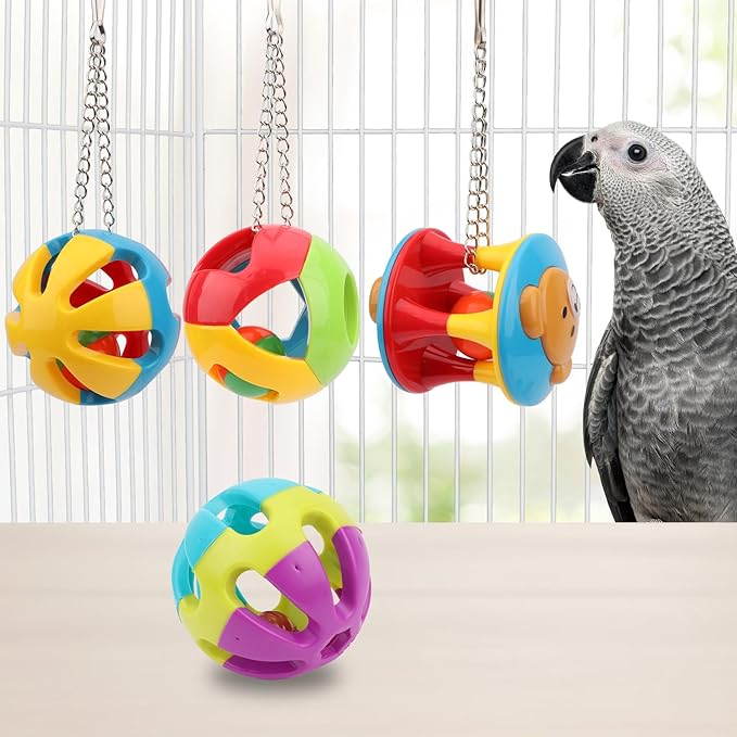 Hypeety Pet Parrot Toy Plastic Colorful Birds Ball with 1 Bell for Budgie African Grey Cockatoo Cockatiel Sun Conures 4 Balls