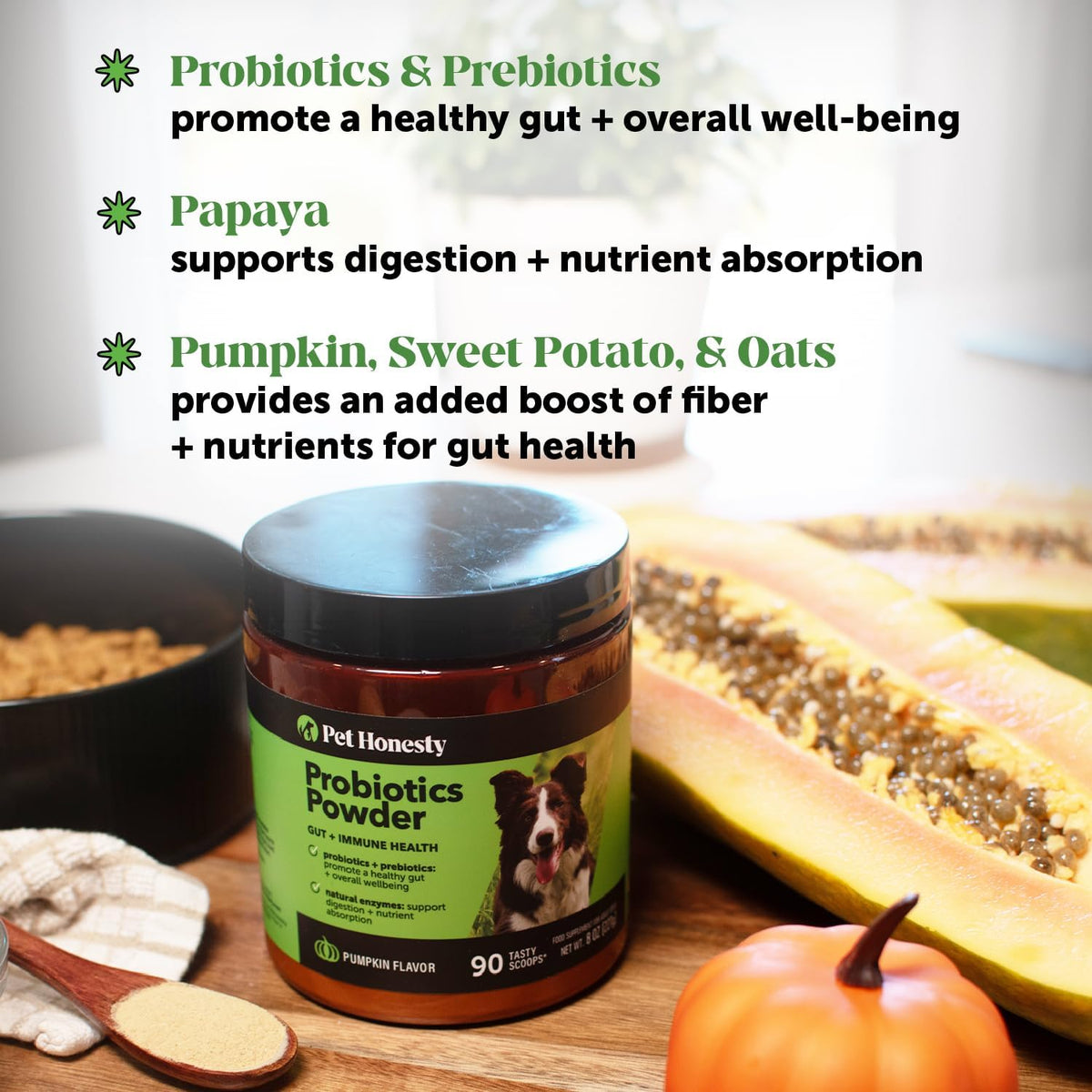 All-Natural Probiotic & Pumpkin Powder Dog Supplement - Prebiotics, Probiotics, Enzymes & Antioxidants for Healthy Gut Flora, Digestion & Immunity (90 Scoops)